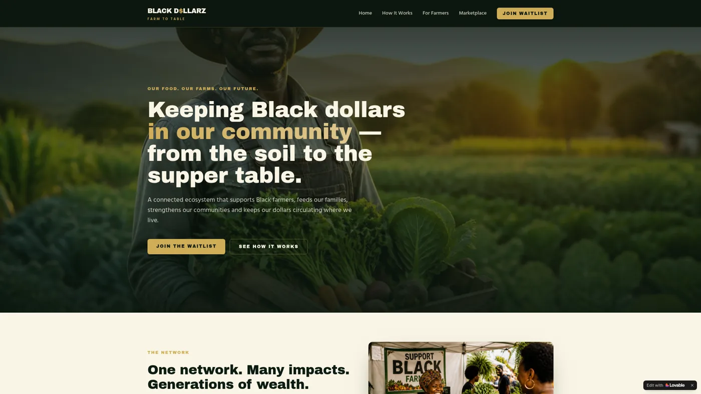 Black Dollarz Farm to Table website featuring a farmer holding fresh produce