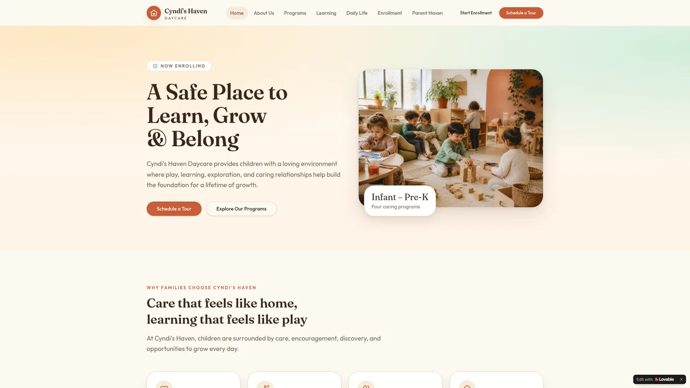 Cyndi's Haven daycare website showing children learning in a bright classroom